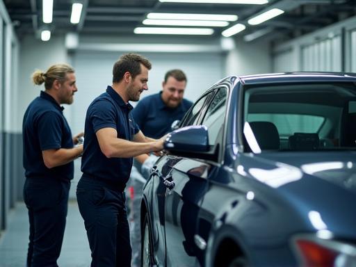 Dedicated team at Auto Nettoyage Express meticulously cleaning a car in Lyon